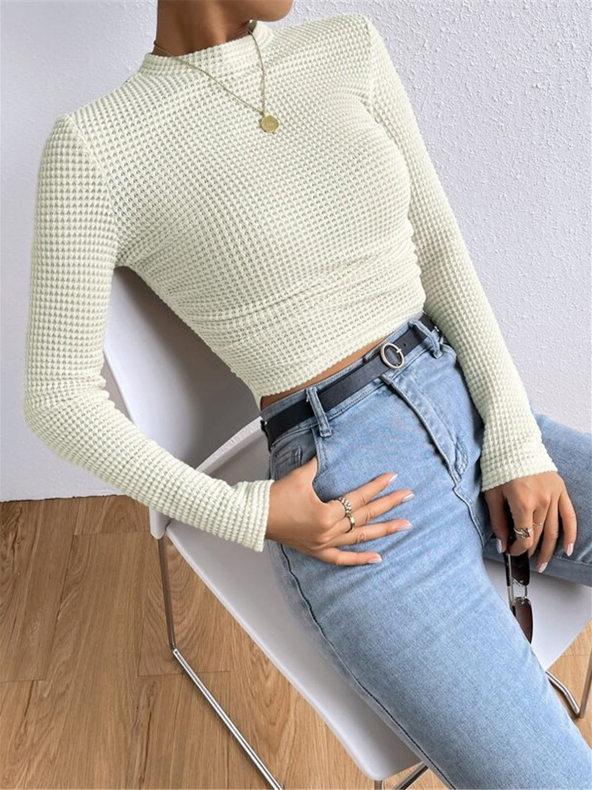 Waffle Knit Crew Neck Sweater
