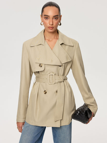 Woven Fabric Belted Black Trench Coat