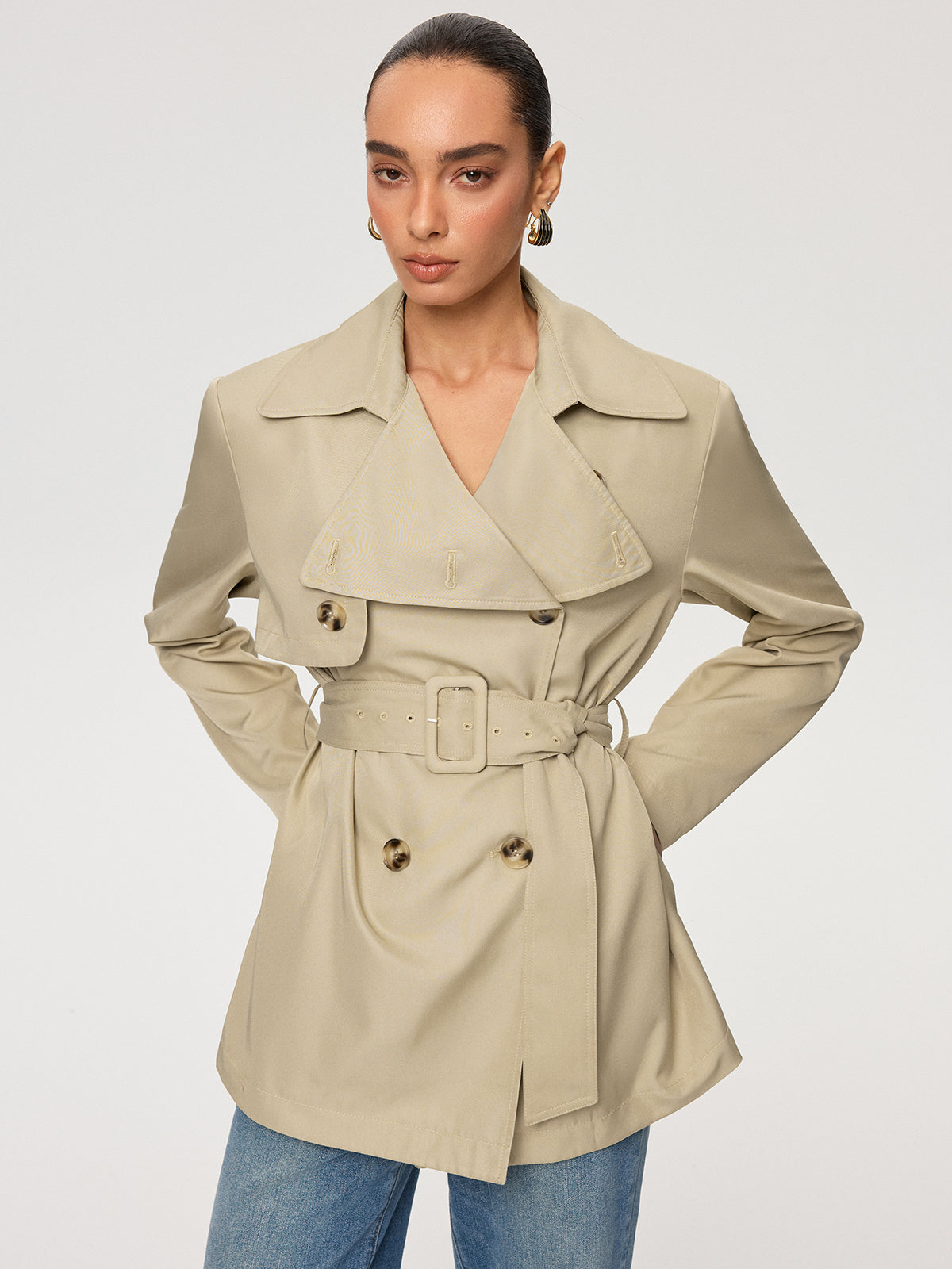 Woven Fabric Belted Black Trench Coat