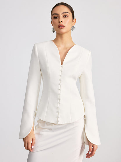 Woven Fabric Buttoned Fitted Blazer