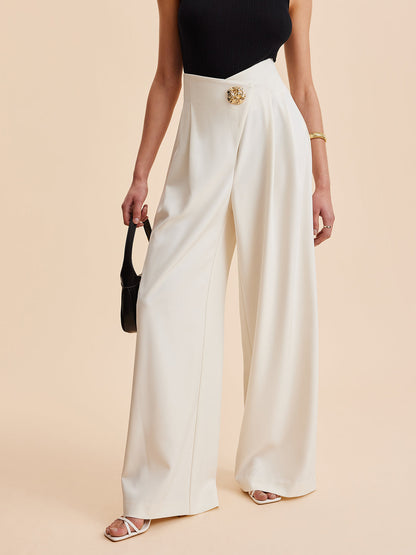 Woven Fabric High-Waist Wide Leg Pants