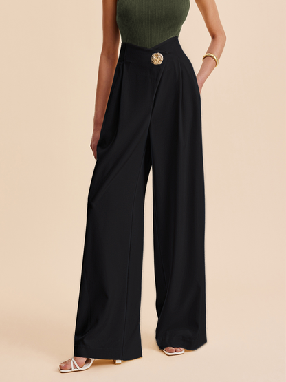 Woven Fabric High-Waist Wide Leg Pants