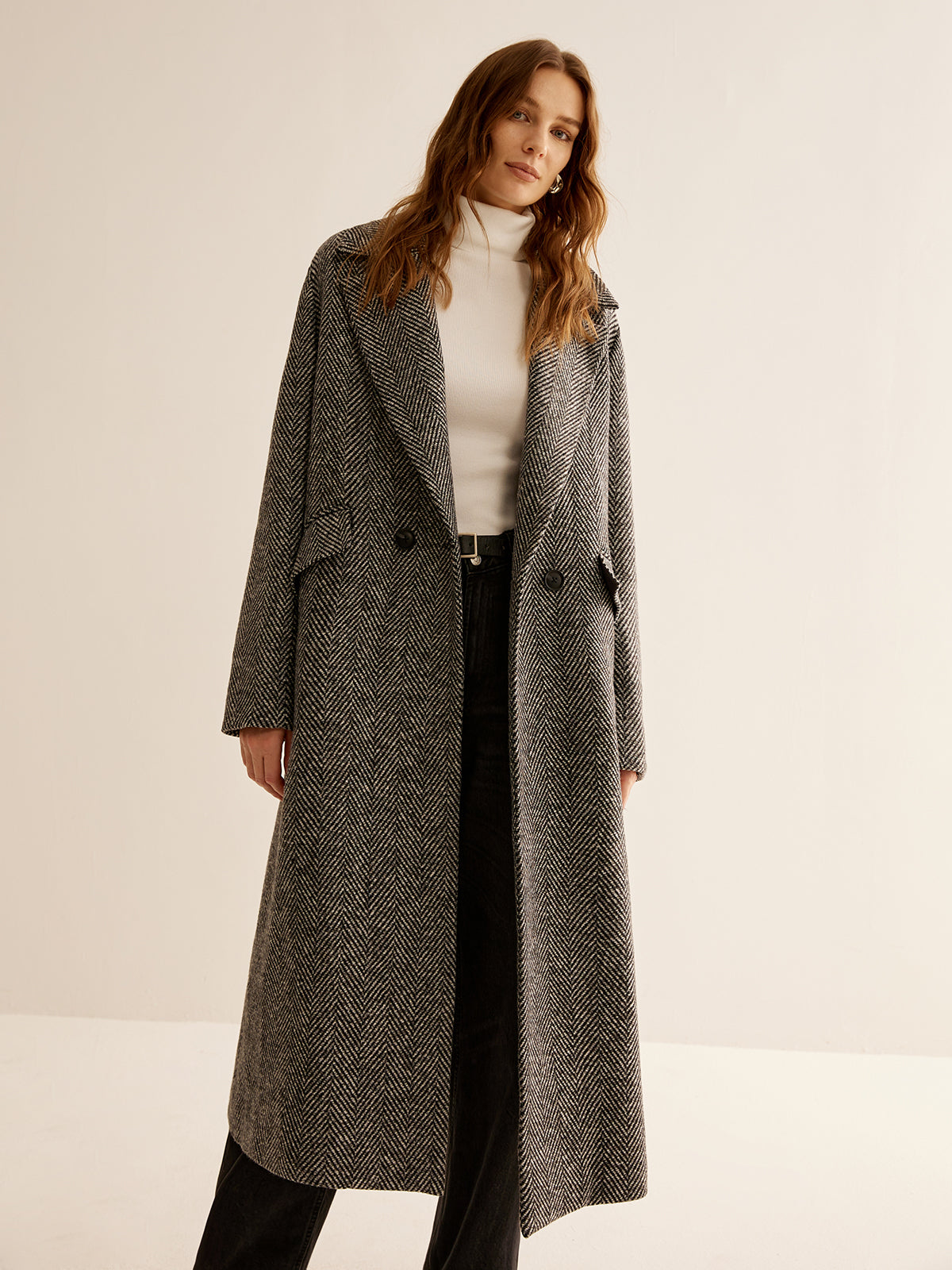Woven Fabric Long Sleeve Black Trench Coat Women