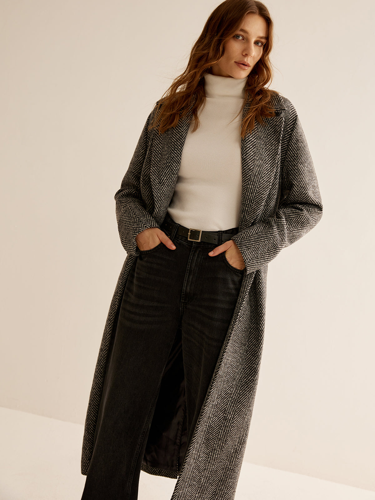 Woven Fabric Long Sleeve Black Trench Coat Women