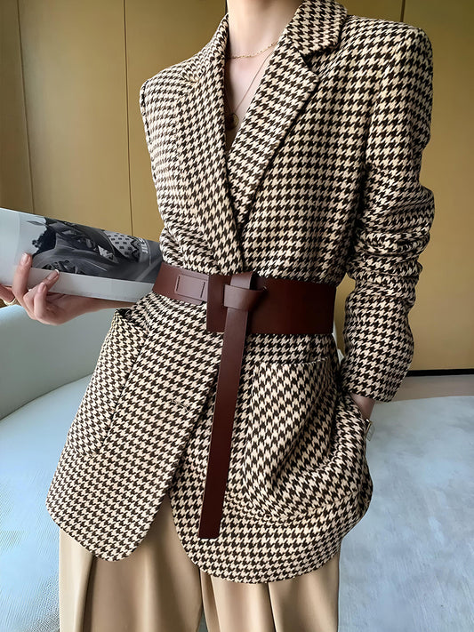 Woven Houndstooth Blazer With Belt