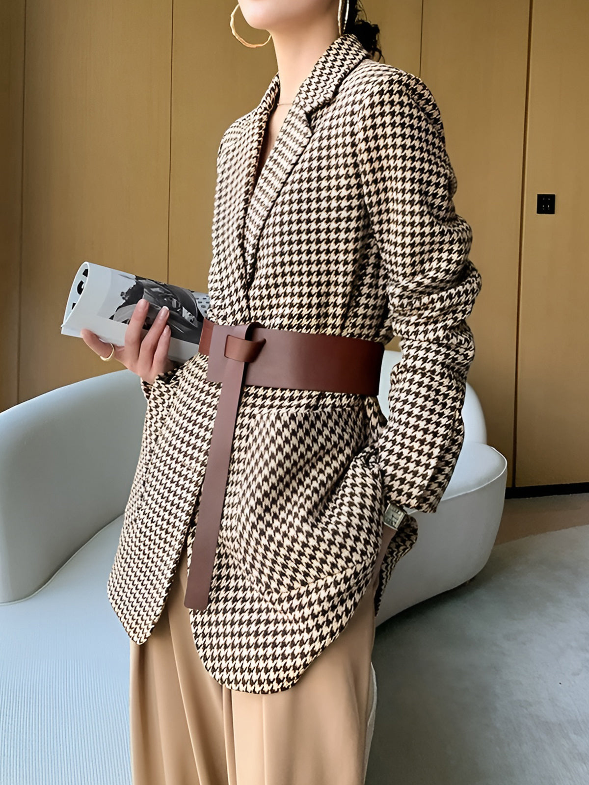 Woven Houndstooth Blazer With Belt