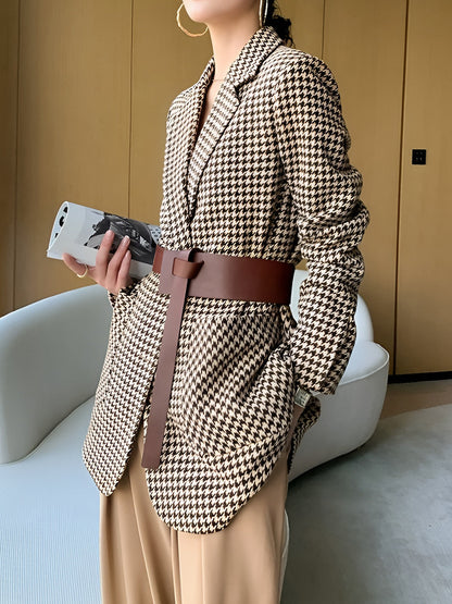 Woven Houndstooth Blazer With Belt