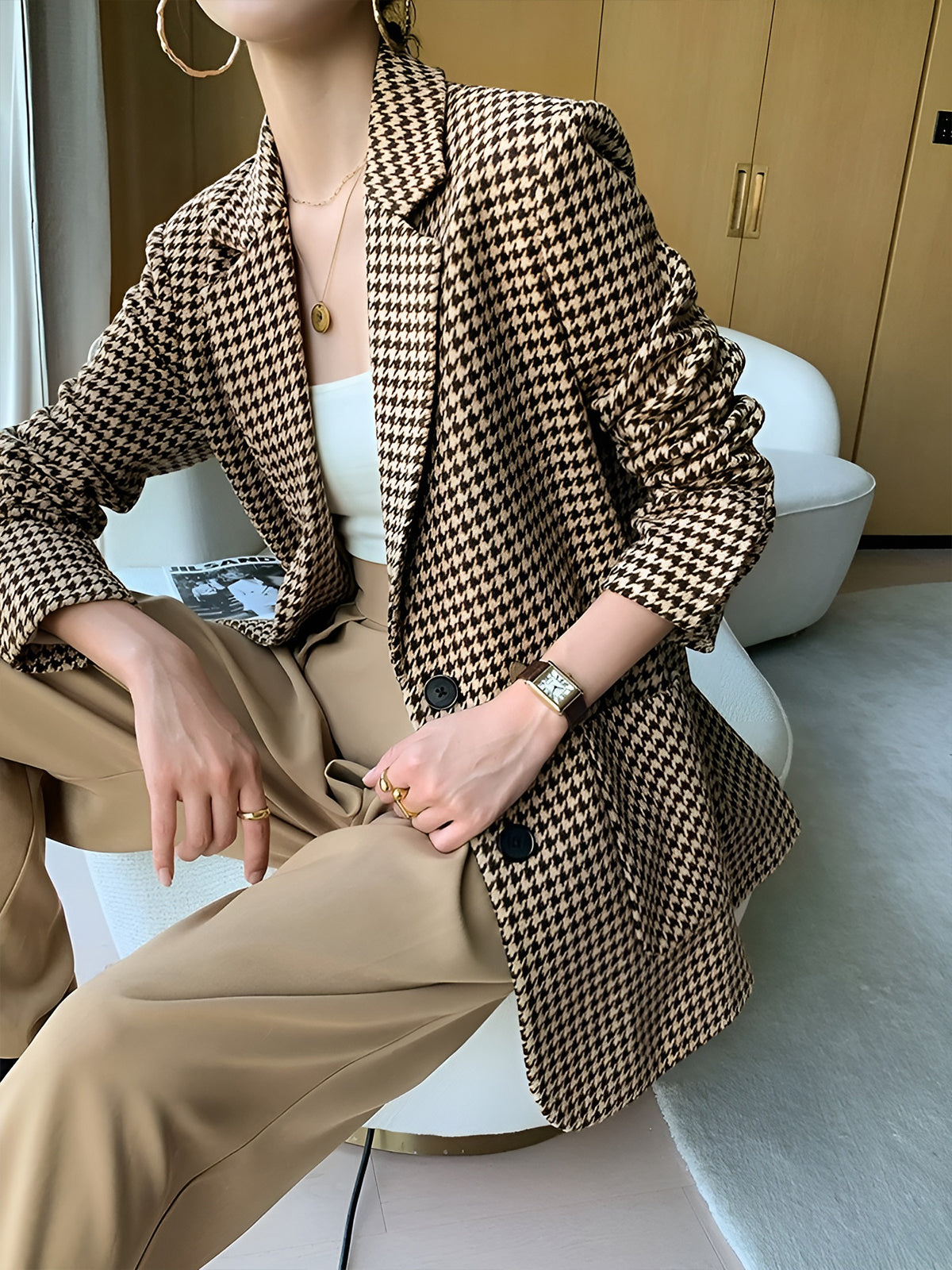 Woven Houndstooth Blazer With Belt