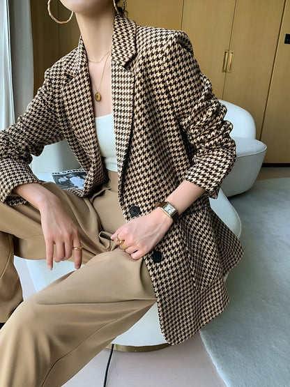 Woven Houndstooth Blazer With Belt
