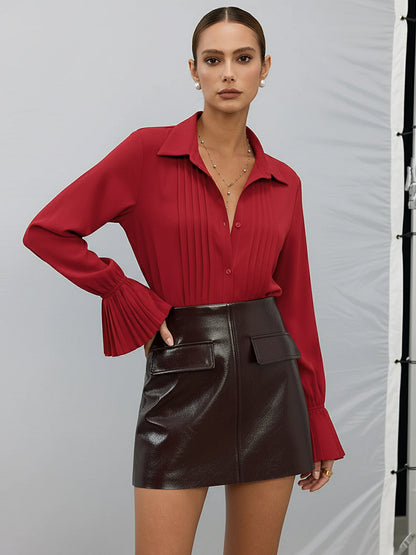 Woven Long Sleeve Pleated Blouse